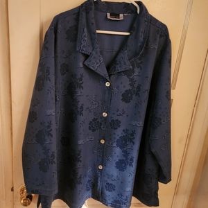 MAGGIE BARNES DRESSY WOMENS BUTTON UP BLOUSE PRETTY BLUE ON BLUE FLORAL PRINT